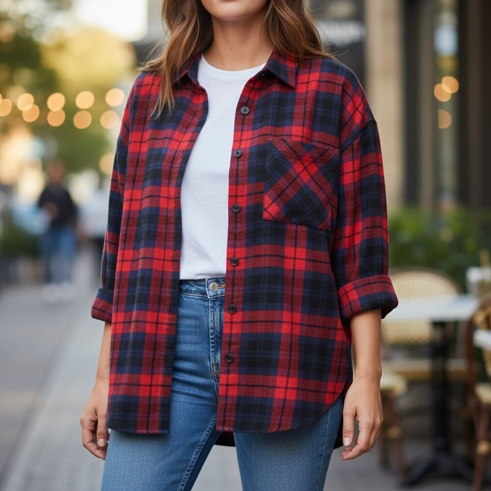 Zara‎ Trafaluc Plaid Flannel Button Down Shirt Women's M #199L